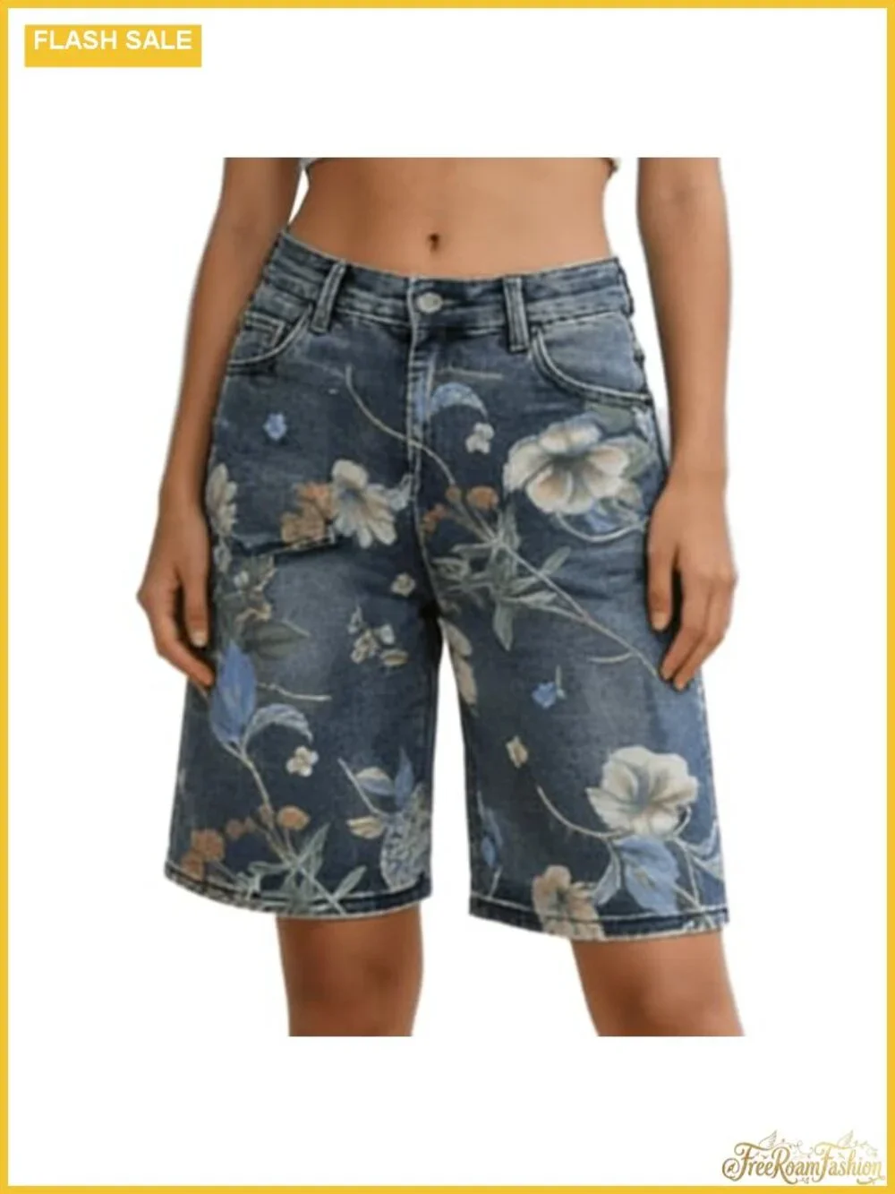 High Waist Floral Embroidered Denim Bermuda Shorts for Women Wide Leg Knee